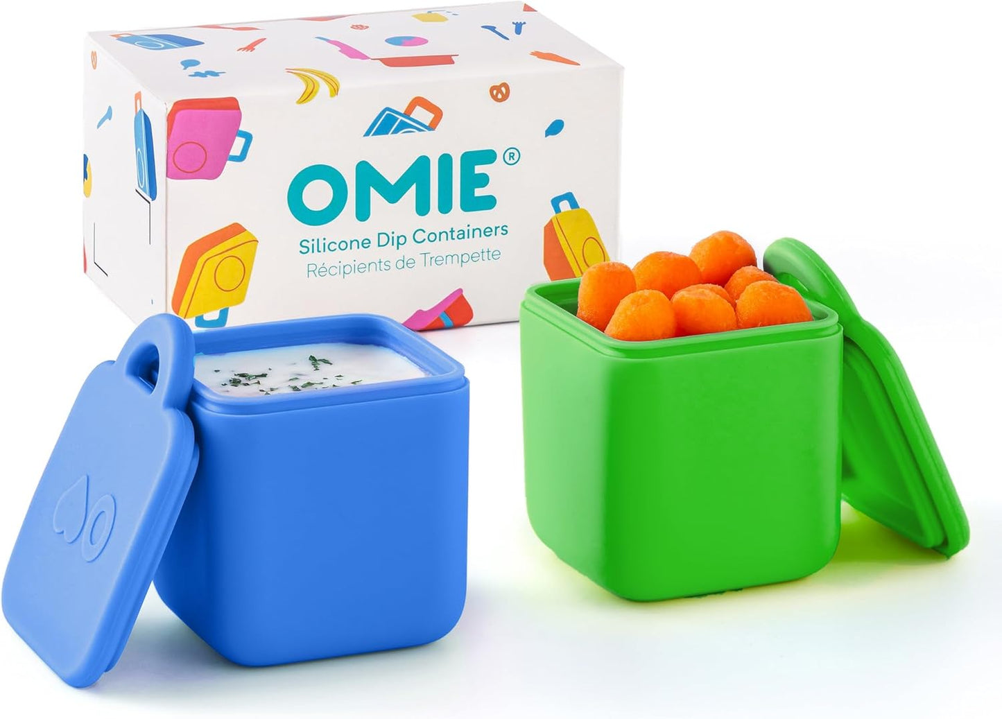 OmieBox (2 pack) Leakproof Dips Containers To Go, Salad Dressing Container, Condiment Container with Lids - Food Safe Silicone - 4 ounces (Blue/Lime)