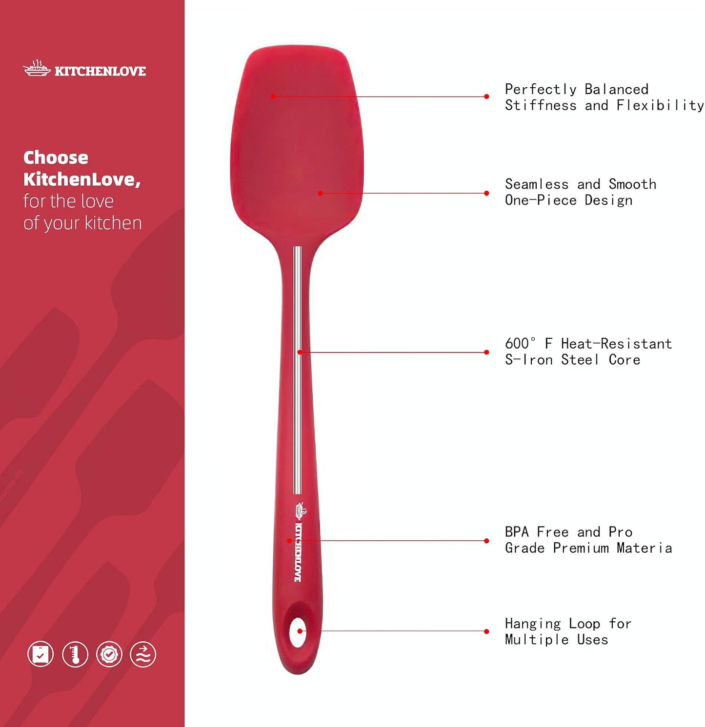 KITCHENLOVE Premium 600°F Heat Resistant 5 Piece Silicone Spatula Set for Baking, Cooking, Mixing - Non-Stick with High Grade S-Iron Steel Core - One Piece Seamless Design - BPA Free (Black)