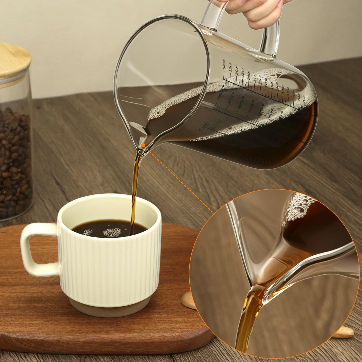 QWORK 34OZ/1000ML Glass Measuring Cup (Ml/Oz/Cup), 4 Cups Multi-Purpose Kitchen Tool with V-Shaped Spout & Handle