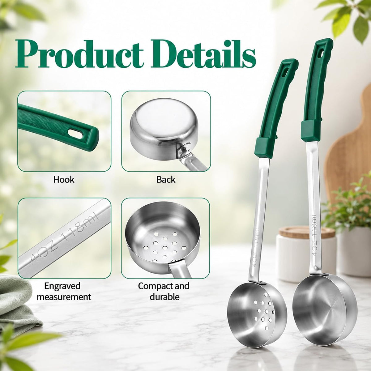 2PCS Portion Control Serving Spoons Set, Restaurant Measuring Serving Ladle Utensils, Portion Scoops for Food, Portions Control Slotted and Unslotted Scoops for Measuring Servings Ladle Utensils