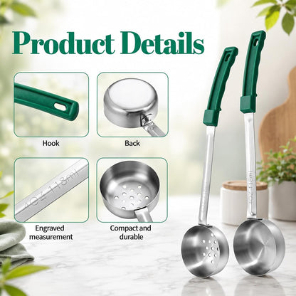 2PCS Portion Control Serving Spoons Set, Restaurant Measuring Serving Ladle Utensils, Portion Scoops for Food, Portions Control Slotted and Unslotted Scoops for Measuring Servings Ladle Utensils