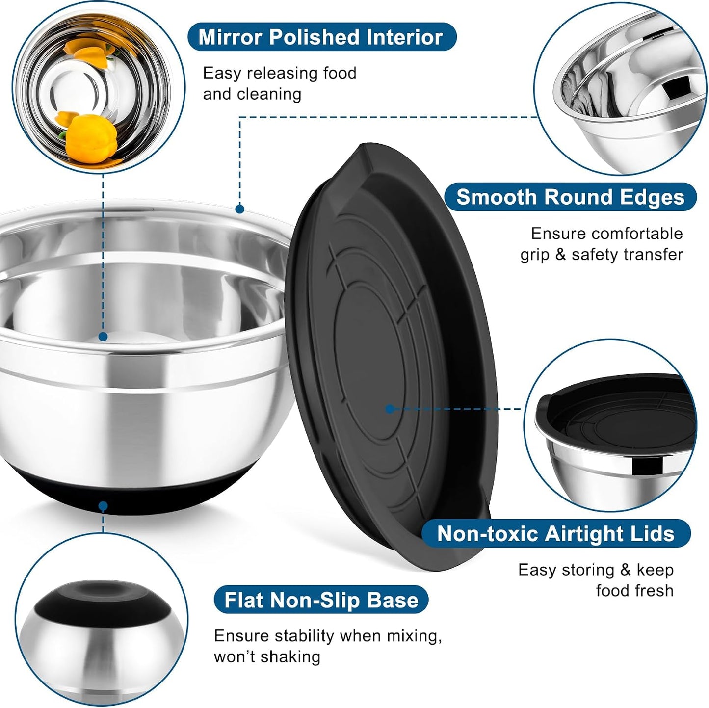 TeamFar Mixing Bowls, 5PCS Stainless Steel Nesting Salad Bowl with Lid & 3 Grater Attachments, for Prepping/Serving/Storing Food, Nontoxic, Airtight Lid & Non-slip Bottom - 4.6/3.5/2.5/1.5/1 QT