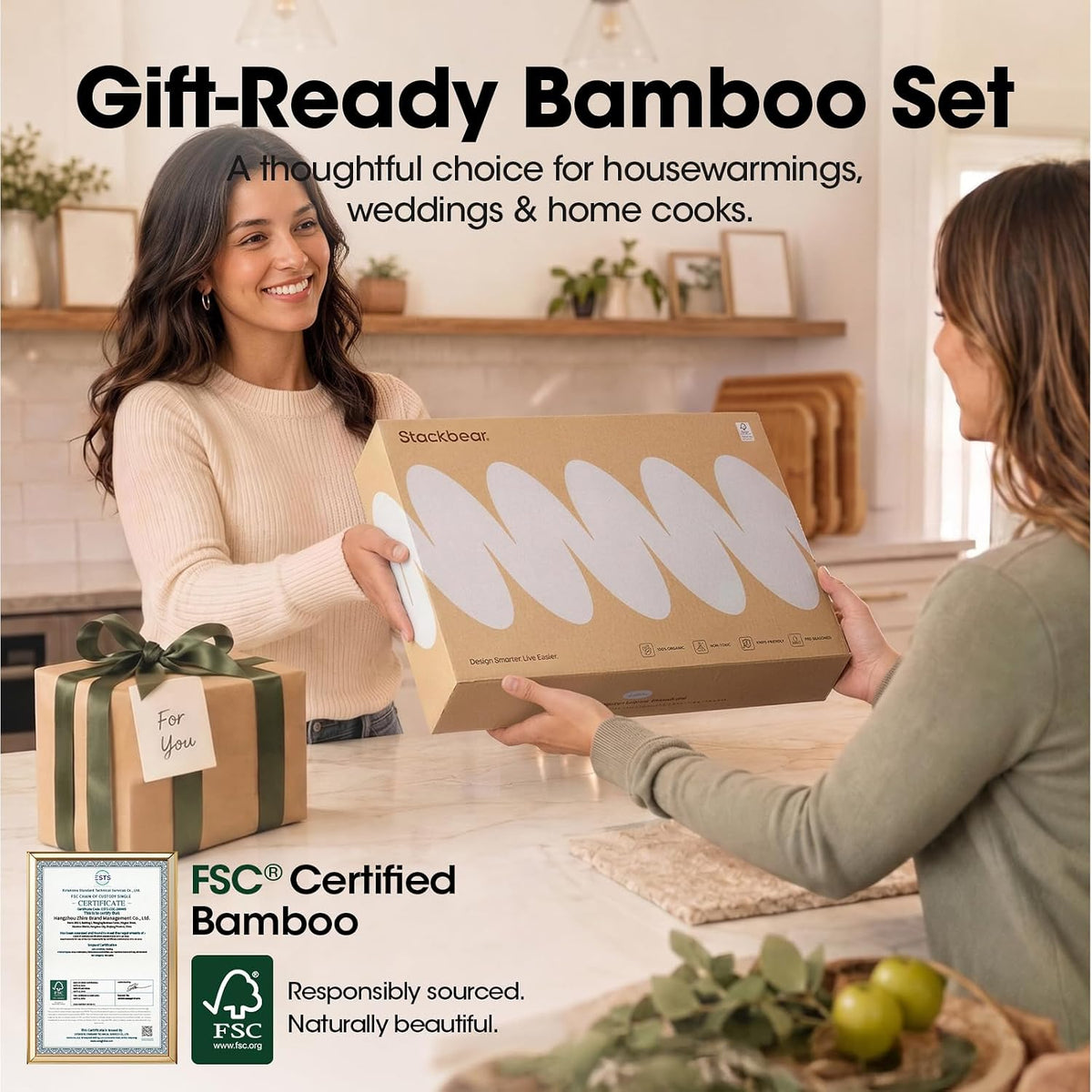 Starkbear Acacia Wood Cutting Board Set of 3 with Stand, Core-Cut Non Slip Wooden Chopping Block, Sloped Juice Groove Reversible Charcuterie Serving Tray for Modern Kitchen Gift