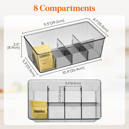 Lifewit Tea Bag Organizer with lids, Plastic Teabag Box with 16 Compartments, Stackable Divided Storage Containers for Cabinet, Pantry, Countertop, Sugar Packets, Clear, 29 cm/11.5 inch L, 2 Pack