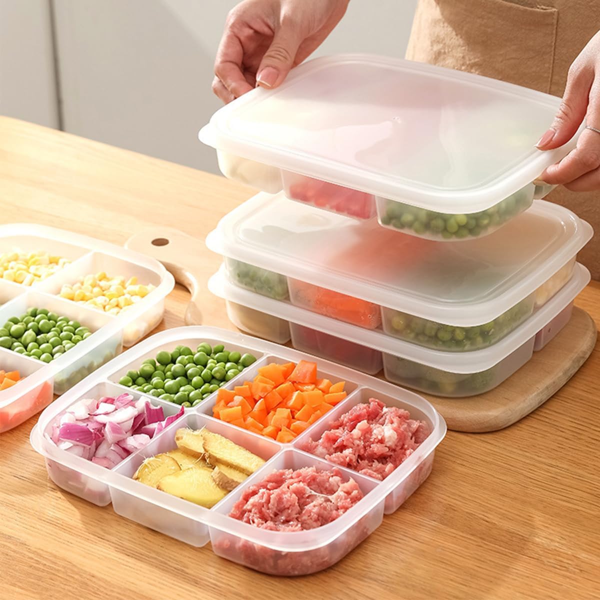Divided Vegetable Tray with Lid，5 Compartments + 6 Compartments Snack Box - Clear Refrigerator Organizer - Plastic Food Storage Containers for Snacks, Fruits, Vegetables, Salads and Meat（4Pcs