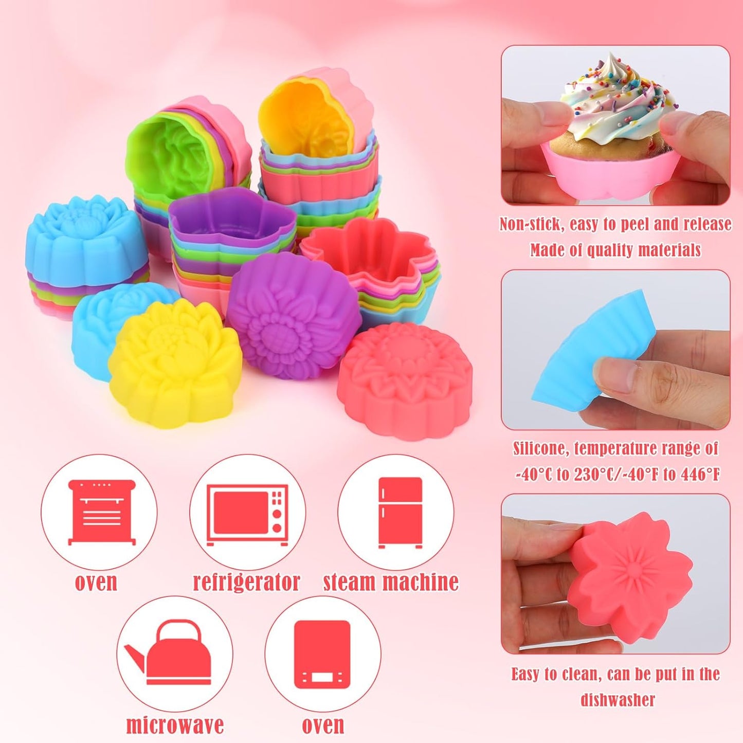 42pcs Reusable Silicone Baking Cups, 7 Styles Flower Shaped Silicone Molds Non-Stick Mini Cupcake Cases & Muffin Liners for Baking Jello Candy Soap Making (Multi-Color)