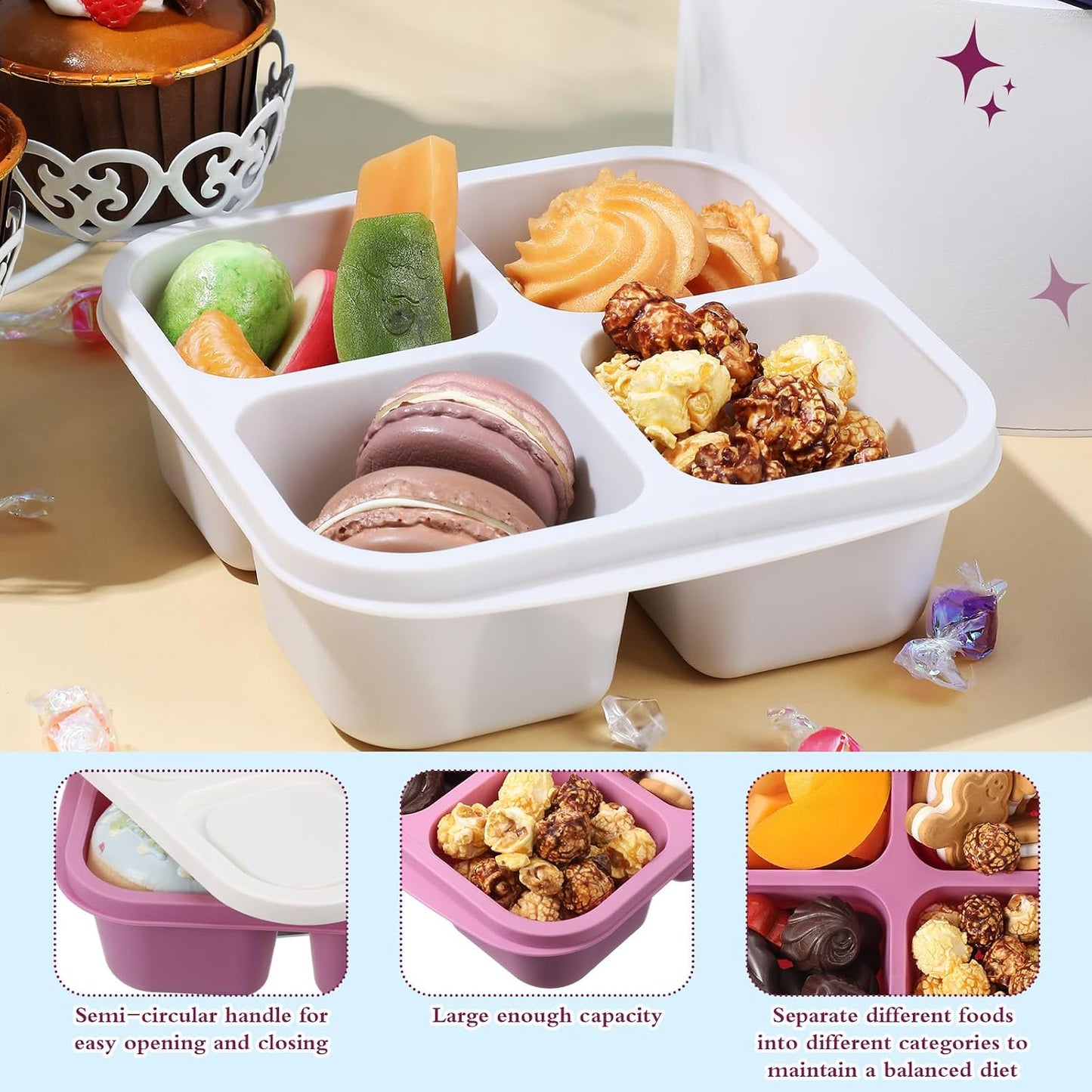 Honeydak 10 Pack Bento Snack Containers 4 Compartment Snack Boxes Reusable Containers with Lids Divided Meal Prep Lunch Food Storage Box for School Work Travel