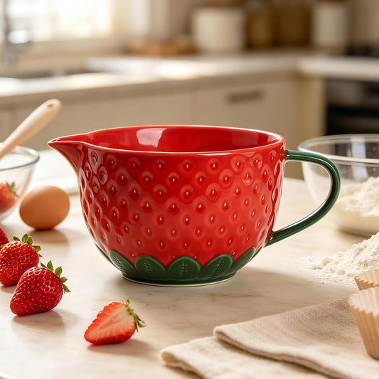 Gaolinci Strawberry Embossed Ceramic Mixing Bowl, 1 Quart Batter Bowl, with Pouring Spout and Handle