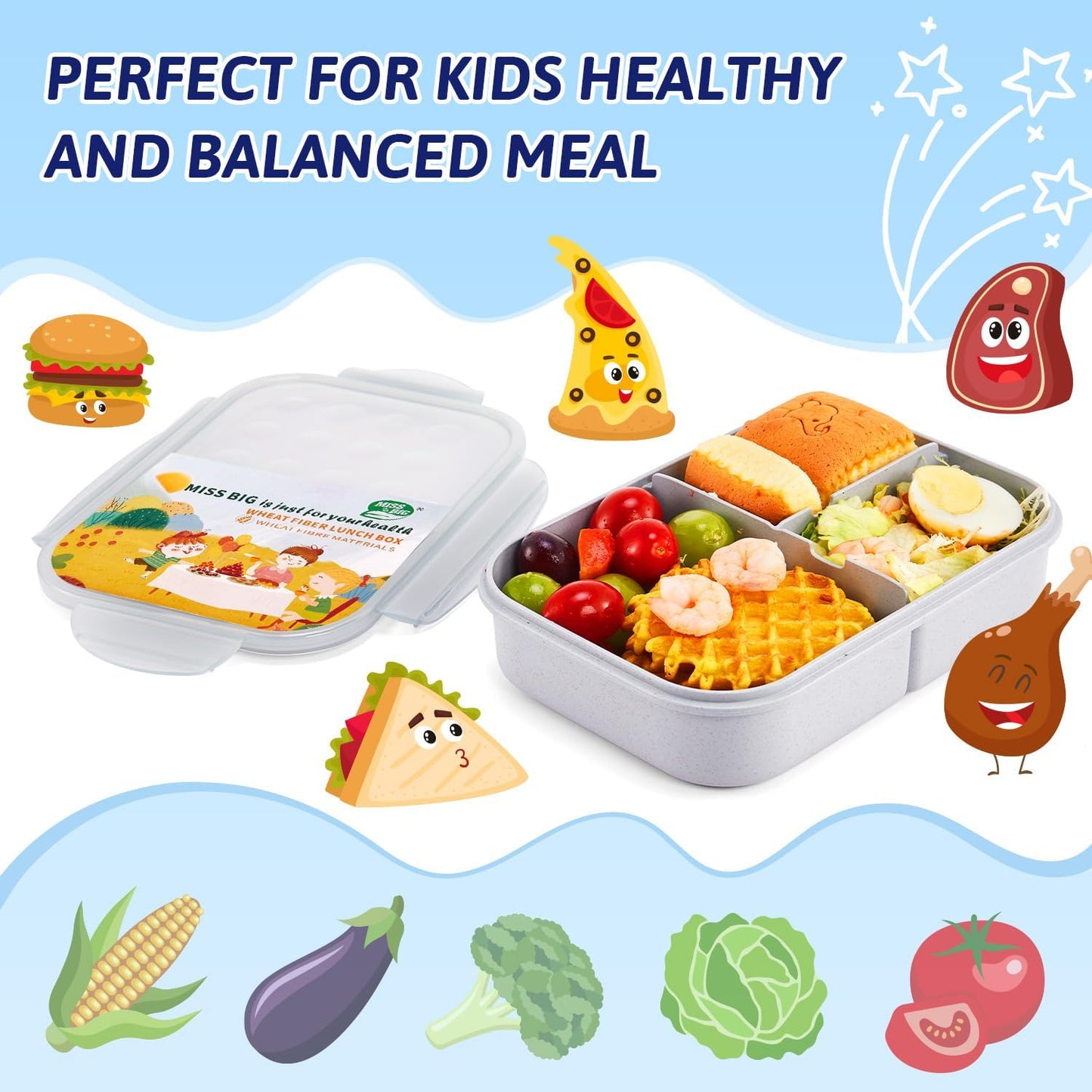 MISS BIG® Bento Box,Bento Box Adult,Lunch Box,Leak Proof Lunch Containers,No BPAs and No Chemical Dyes Bento Lunch Box,Dishwasher and Microwave Safe Lunch Containers for Adults(1900ml Gray)