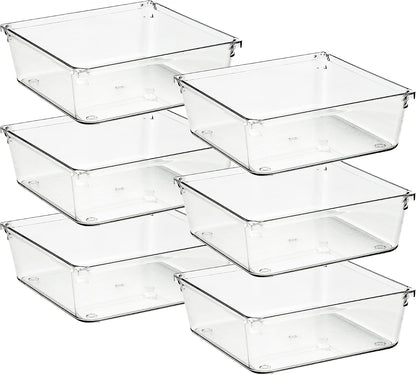 Ravinte 6 Pack Drawer Organizer - 3" X 9" Plastic Storage Bins, Acrylic Organizers with Non-Slip Pads Clear Desk Storage Tray for Makeup, Jewelries, Kitchen Utensils, Bathroom and Office