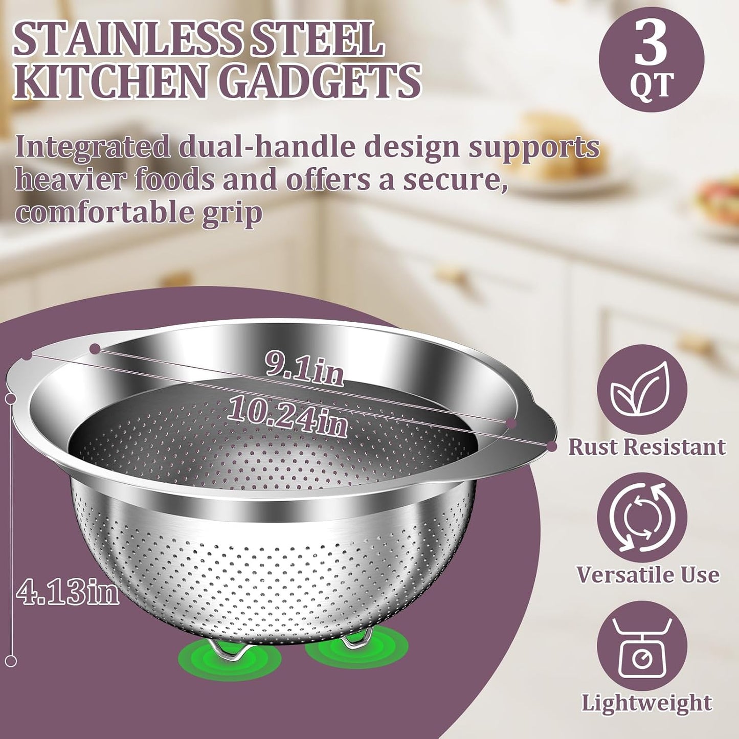 4-1 Colander with Bowl & Spoons Set - Rotatable Colander for kitchen with New Upgraded Graters, Food Strainer(Patented) for Pasta, Fruits, Vegetables, Funny Presents for Women, Beige