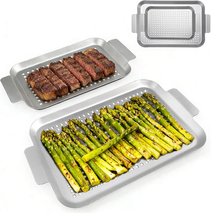 Grill Topper Grilling pans Set of 2, Non-Stick Barbecue Trays, 17" x10" and 13.3"x7.4" Durable Grill Pans with Holes, Metal Topper Baskets for Barbecue & Smoked Meat, Vegetables & Seafood