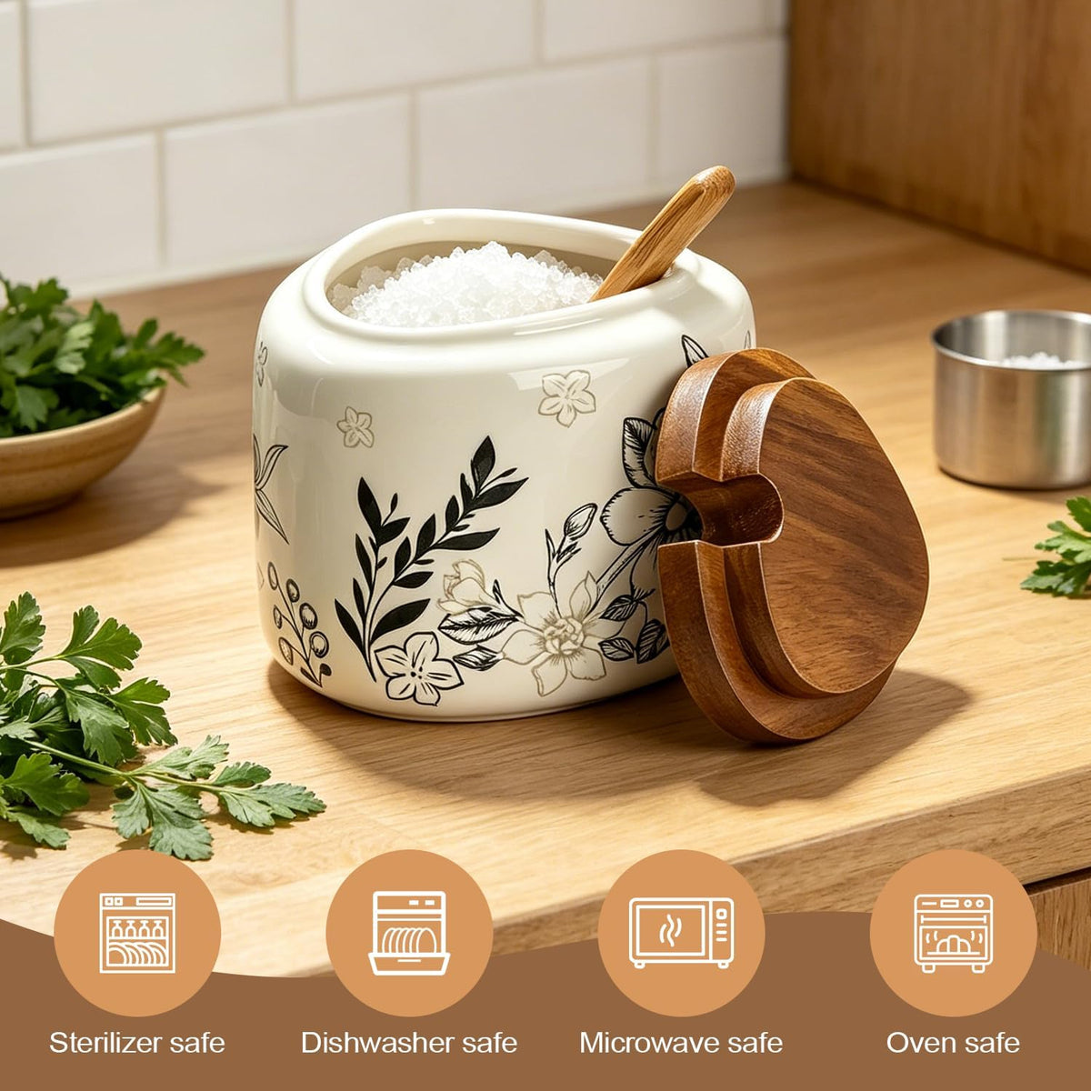 Ceramic Salt Cellar Bamboo Lid Spoon 3.5" Wide 12oz
