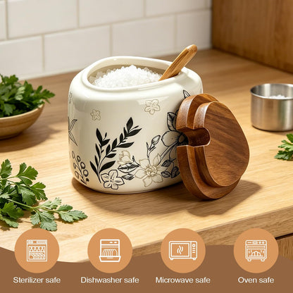 Ceramic Salt Cellar Bamboo Lid Spoon 3.5" Wide 12oz