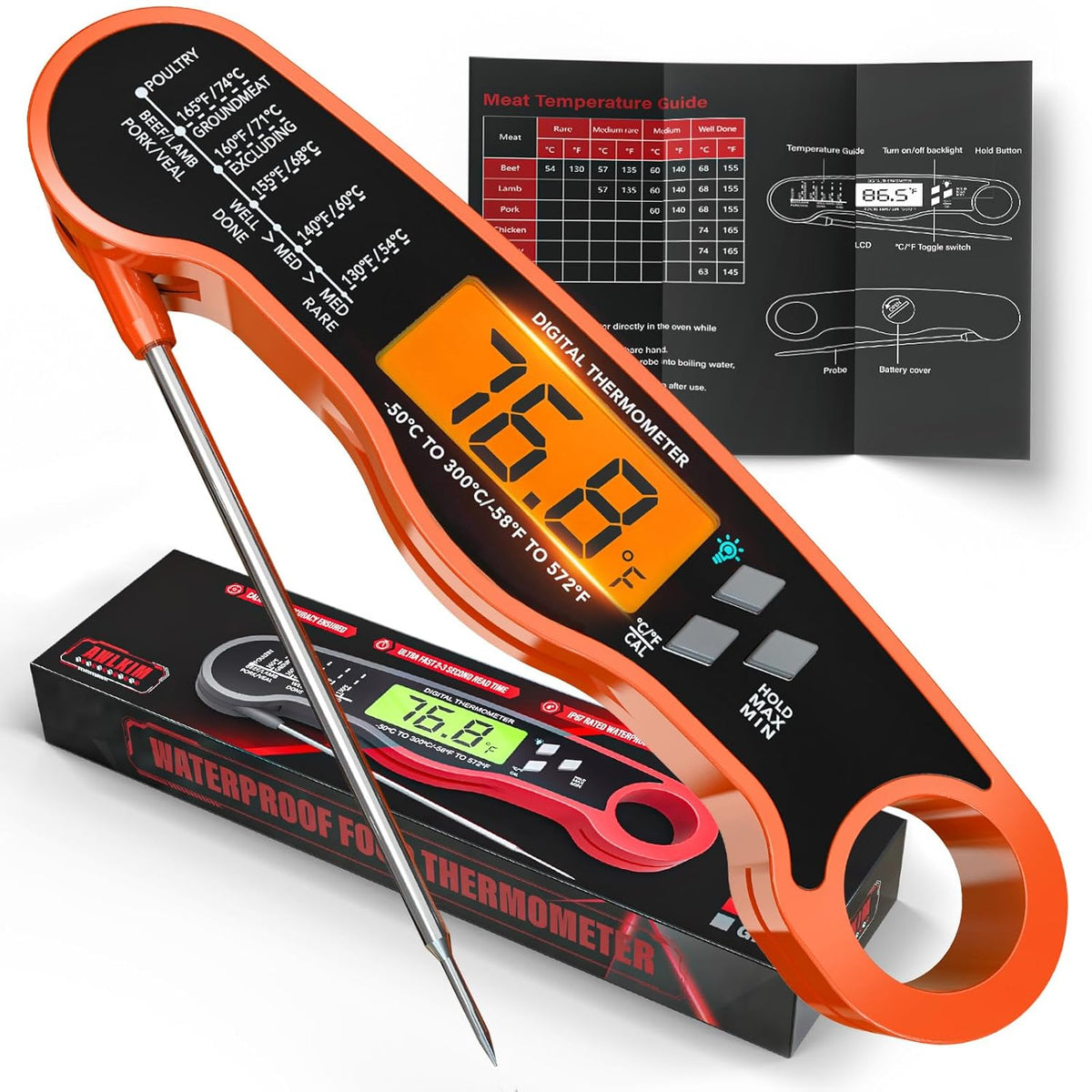 AWLKIM Meat Thermometer Digital, Instant Read Food Thermometer, Red