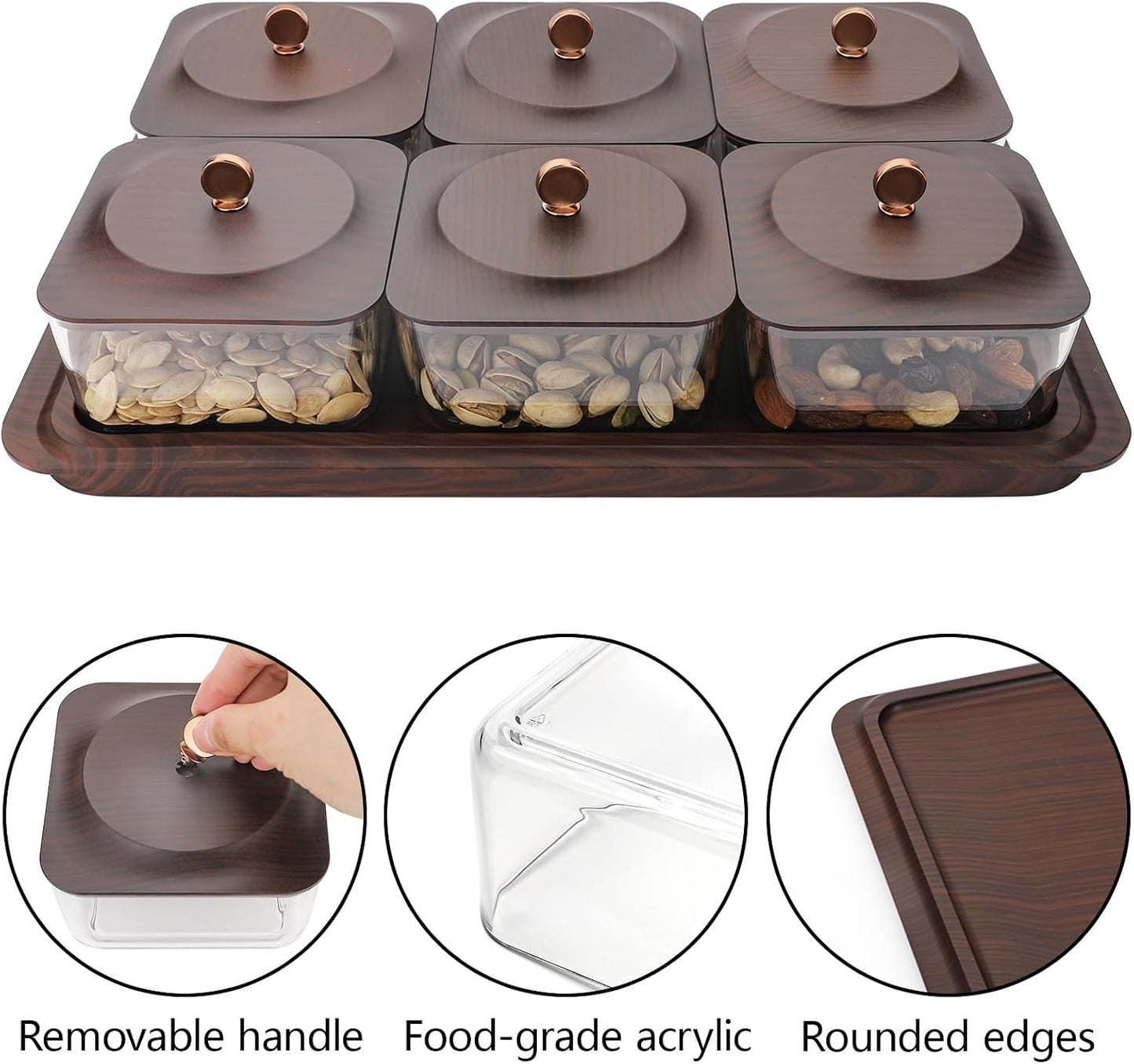 Serving Set: Plastic Imitated Wood Serving Tray & 4 Snack Boxes with Lid, Ideal for Home, Party & Birthday