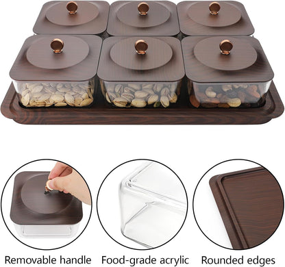 Serving Set: Plastic Imitated Wood Serving Tray & 4 Snack Boxes with Lid, Ideal for Home, Party & Birthday