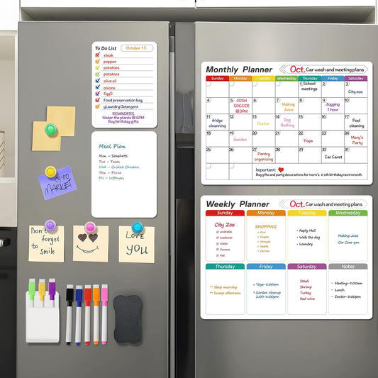 UCMD Monthly Magnetic Dry Erase Calendar Whiteboard Set (4-Pack) for Fridge,Reusable Monthly and Weekly Planners with List & Blank Board,8 Markers,1 Eraser,1 Magnetic Storage Box and 5 Magnets