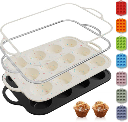 2 Packs 12 Cups Silicone Muffin Pan for Baking with Metal Reinforced Frame Regular Size Cupcake Pan Tray Egg Bites Silicone Cookie Molds Muffin Tin Tart Pans Sheet Set for Oven Dishwasher Safe