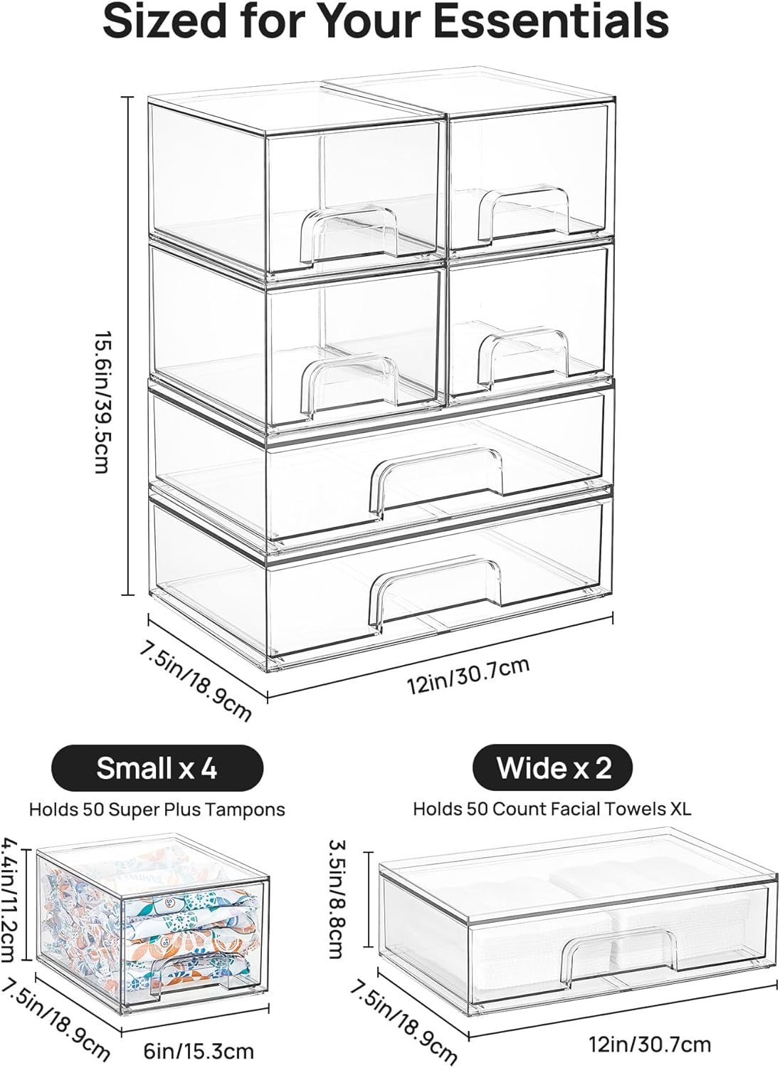 Vtopmart Stackable Storage Drawers Set of 5, Clear Plastic Organizer Bins for Baby Bottle, Beauty Supplies Storage, Ideal for Kichen Countertop, Vanity, Bathroom, Cabinet, Pantry Organization