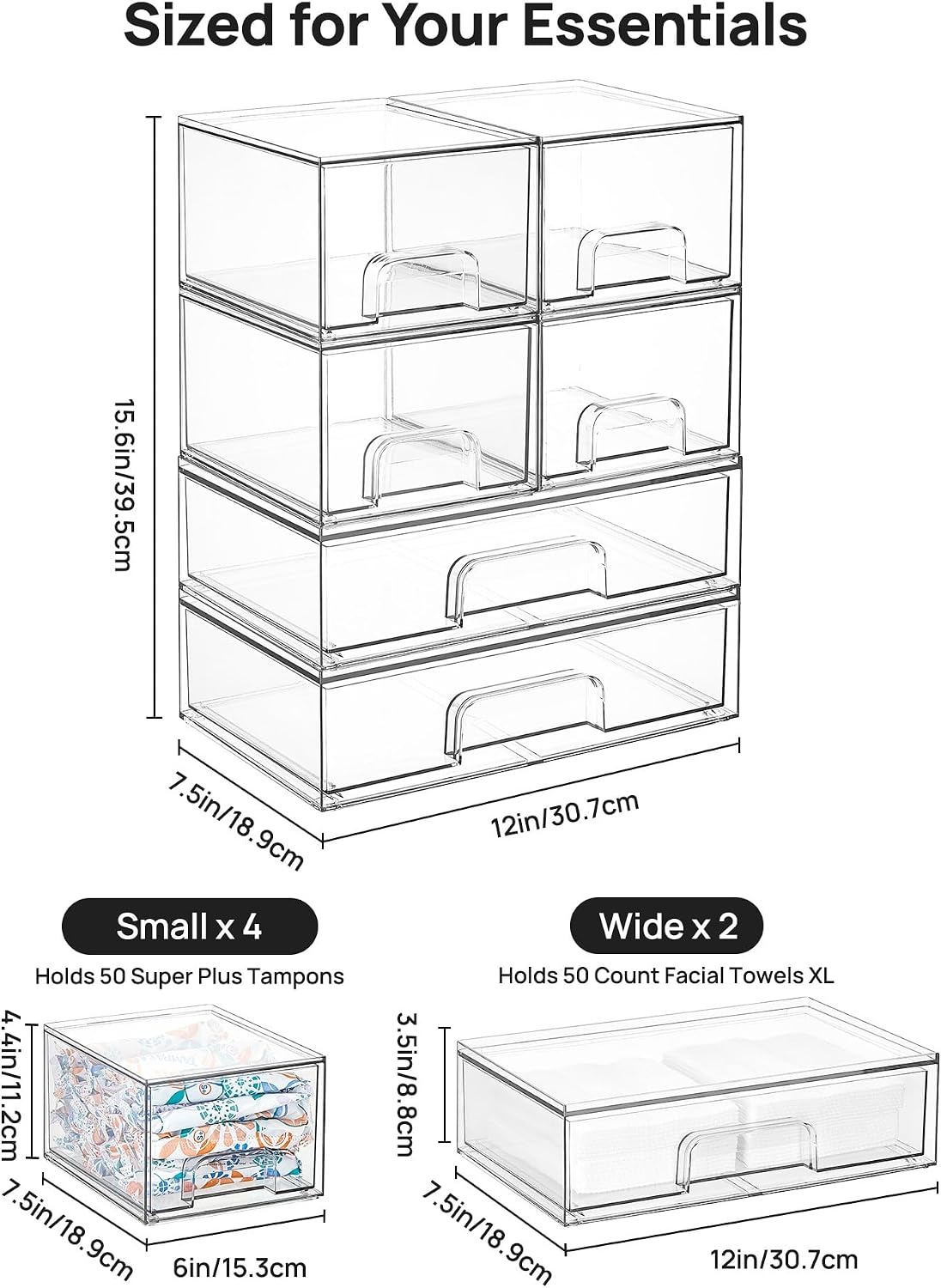 Vtopmart Stackable Storage Drawers Set of 5, Clear Plastic Organizer Bins for Baby Bottle, Beauty Supplies Storage, Ideal for Kichen Countertop, Vanity, Bathroom, Cabinet, Pantry Organization