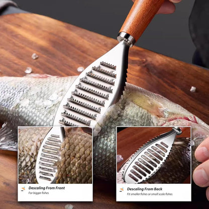 Stainless Steel Fish Scale Remover, Manual Fish Scaler with Wood Handle