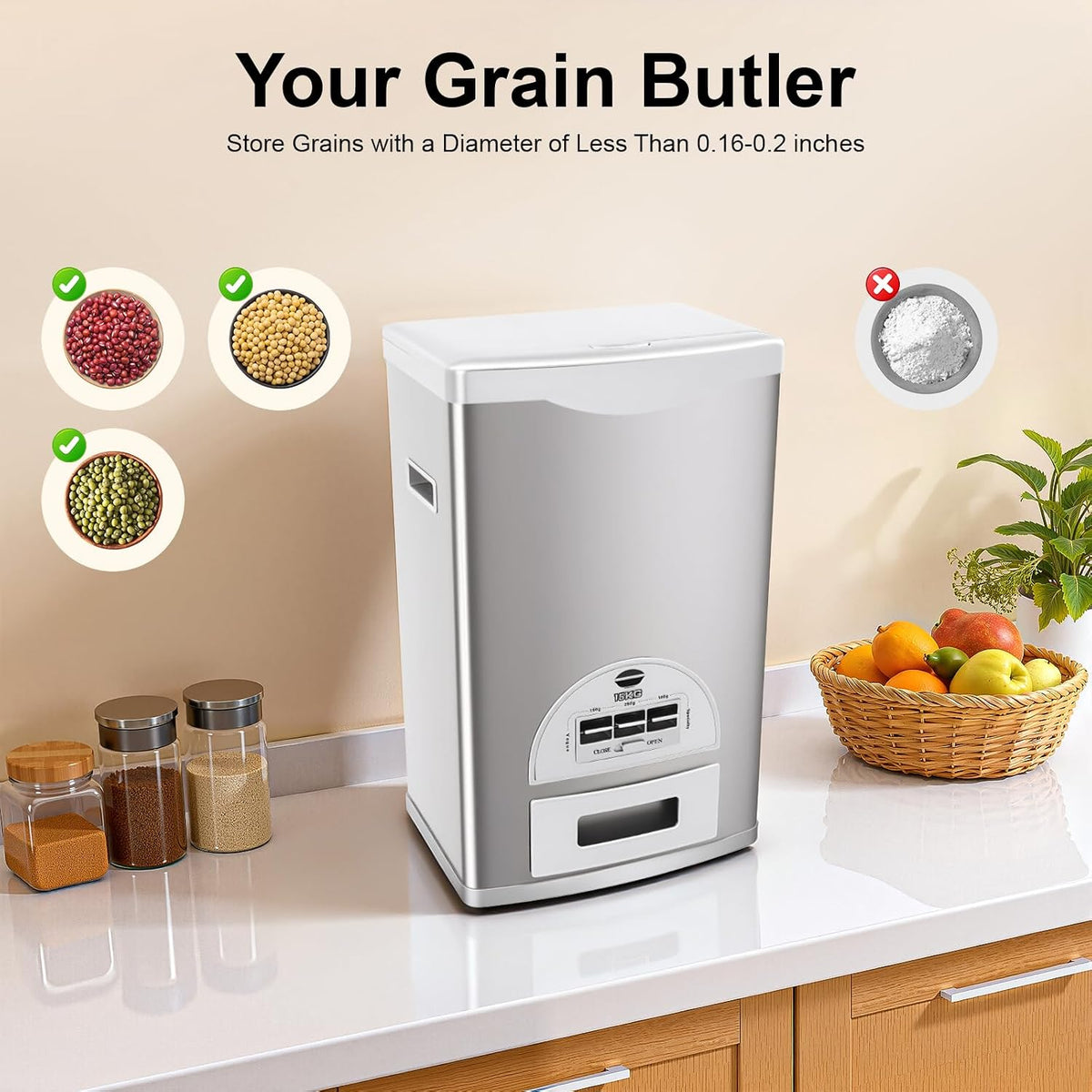 33LBS Stainless Steel Rice Dispenser - Automatic Measuring Dispenser with 3 Gears, Large Capacity Rice Storage Container for Kitchen/Pantry (Silver)