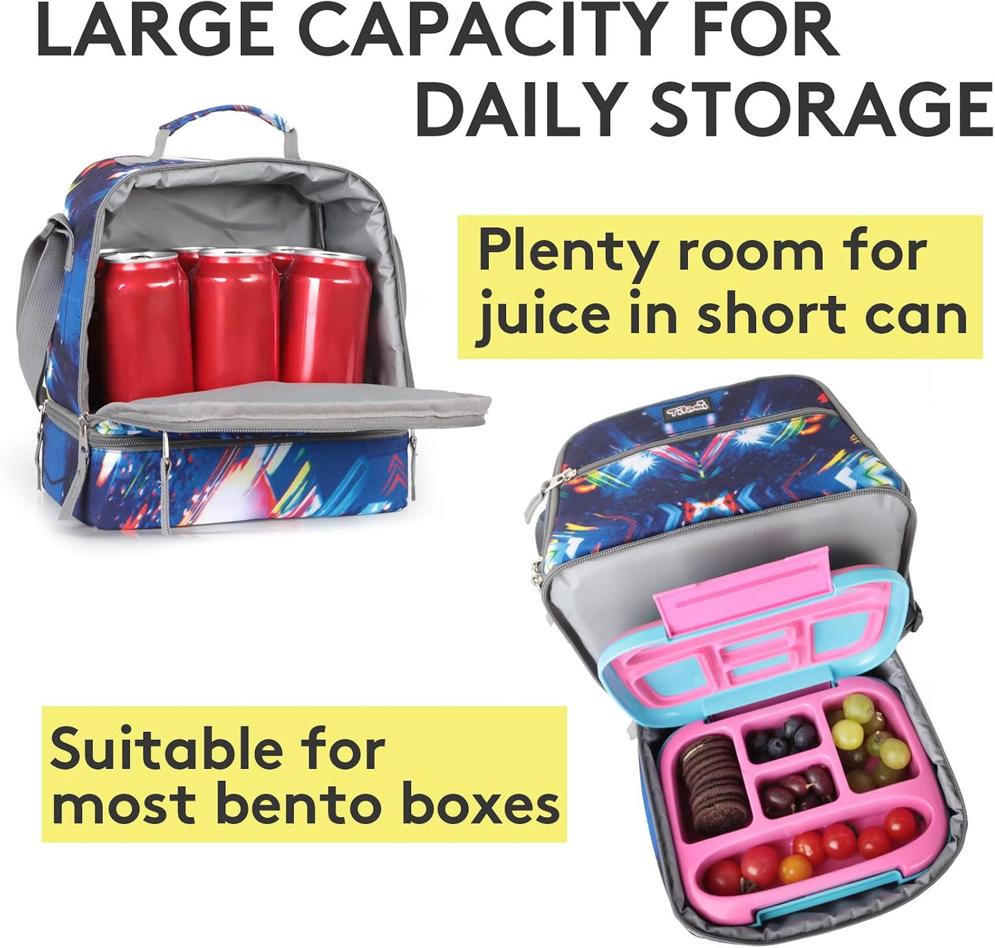Tilami Lunch Bags Insulated Adjustable Strap Zipper, Two Compartments Cooler Bags, Bento Bags for Kids Toddlers (Blue)