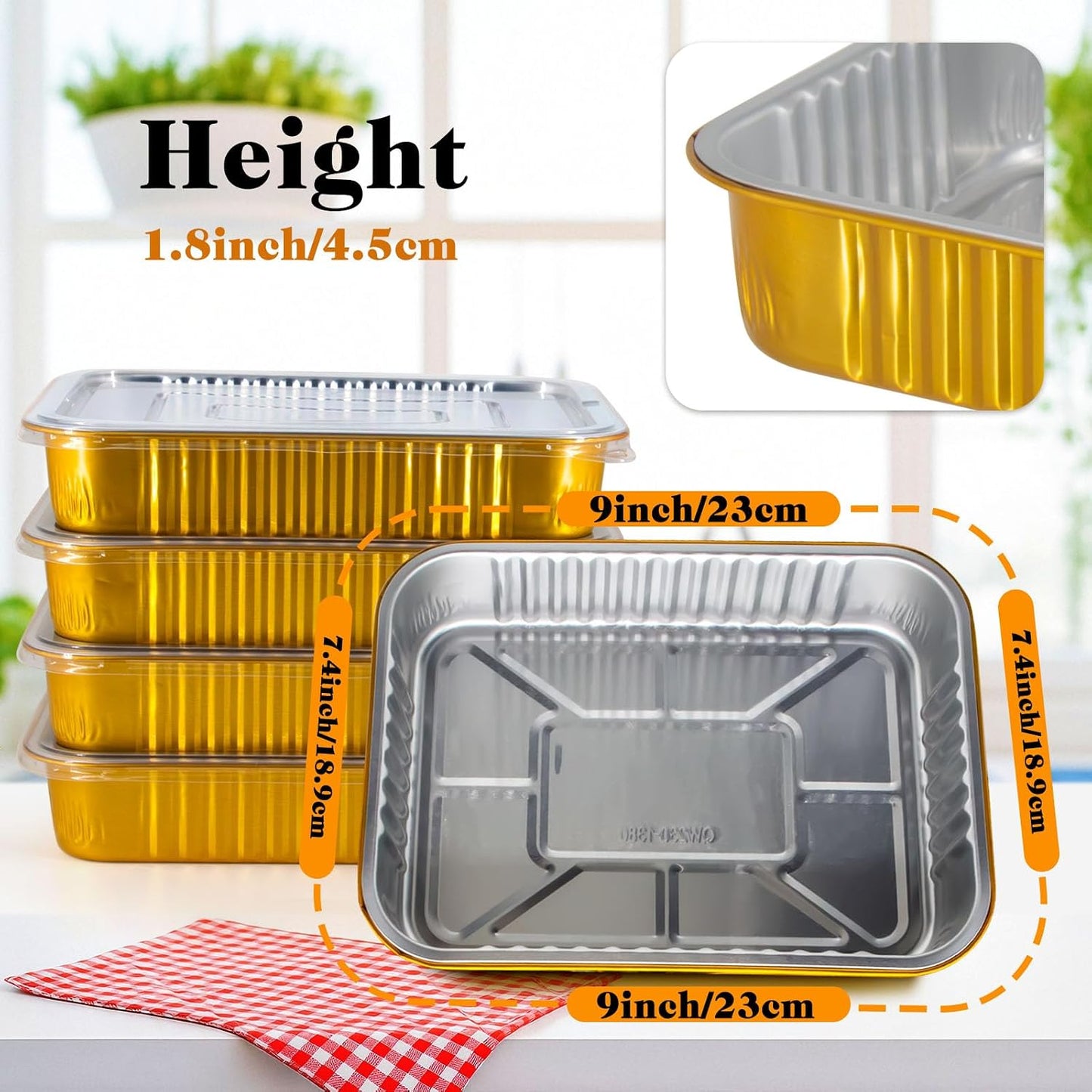 10 Pack Gold Aluminum Foil Pans with Lids, 9x7.4 Inch Disposable Reusable Oven Safe Food Containers, Freezer & BBQ Grill To-Go Pans for Baking, Meal Prep, Thanksgiving & Party