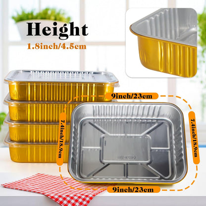 10 Pack Gold Aluminum Foil Pans with Lids, 9x7.4 Inch Disposable Reusable Oven Safe Food Containers, Freezer & BBQ Grill To-Go Pans for Baking, Meal Prep, Thanksgiving & Party