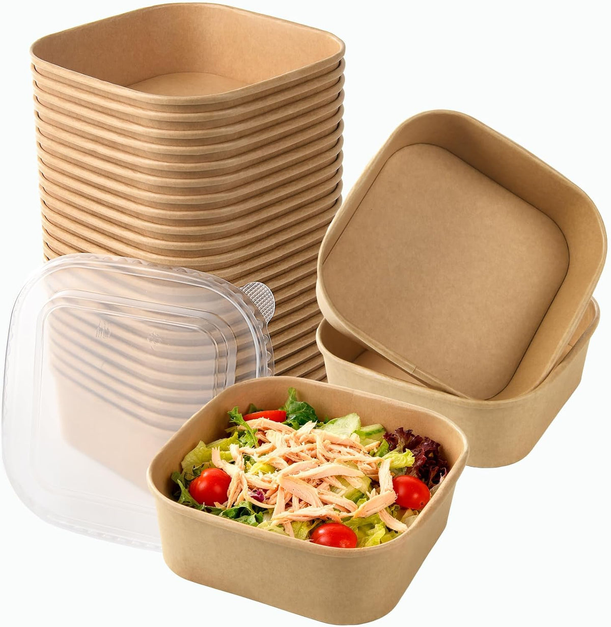 50 Sets 25oz Disposable Kraft Paper Bowls with Lids, Rectangle