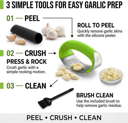 Angel's Peel Lounge Stainless Steel Garlic Press Rocker Set with Silicone Garlic Peeler & Cleaning Brush – Garlic Chopper, Mincer, Grater, Crusher – Easy for Crushed Cloves – Rust-Resistant, Black