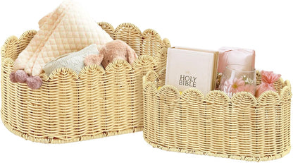 Rattan Picnic Basket with Handle, Wicker Picnic Basket with Scalloped Edge, Garden Harvest Basket, Woven Baskets for Vegetable & Fruit, 2 Pack