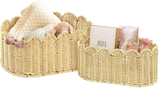 Rattan Picnic Basket with Handle, Wicker Picnic Basket with Scalloped Edge, Garden Harvest Basket, Woven Baskets for Vegetable & Fruit, 2 Pack