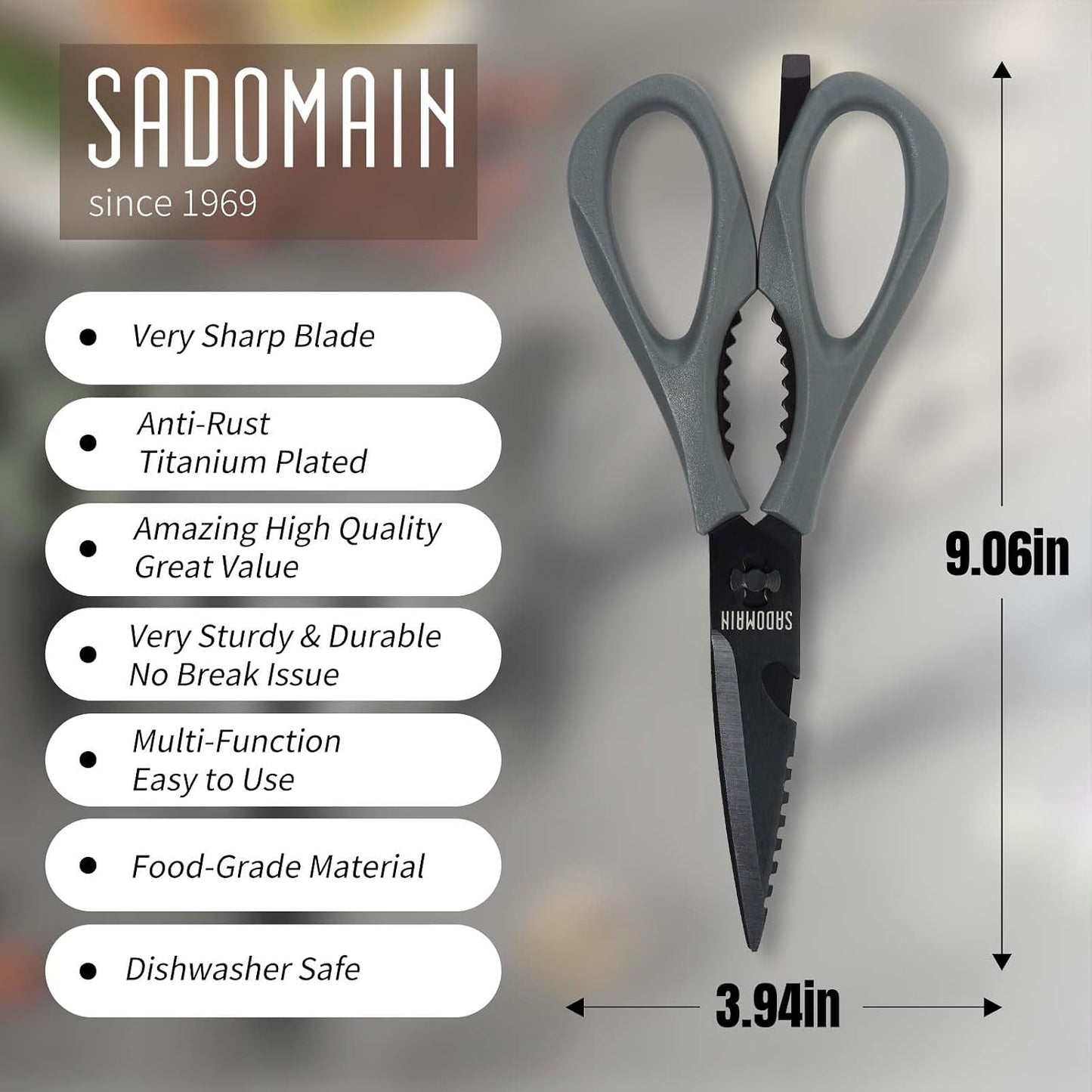 Kitchen Scissors All Purpose, Extra Sharp Kitchen Shears with Knife Sharpener & Sheath, Solid & Durable Stainless Steel Scissors with ANTI-RUST Black Titanium Plated, Dishwasher Safe - Black