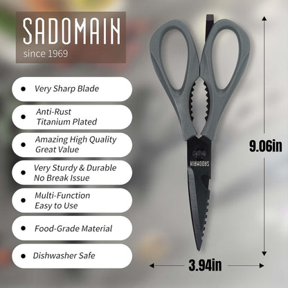 Kitchen Scissors All Purpose, Extra Sharp Kitchen Shears with Knife Sharpener & Sheath, Solid & Durable Stainless Steel Scissors with ANTI-RUST Black Titanium Plated, Dishwasher Safe - Black