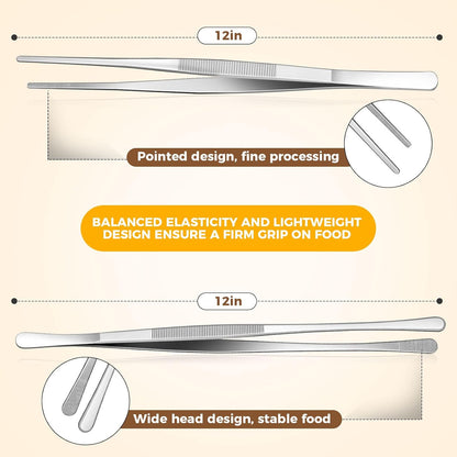 12-Inch Cooking Tweezers Tongs 2-Pack, Stainless Steel Kitchen Tweezers with Dual-Head Design and Non-Slip Grip, Chef Tweezer Tongs for Frying, Plating, Pasta, BBQ, Air Fryer, Food Prep Tools