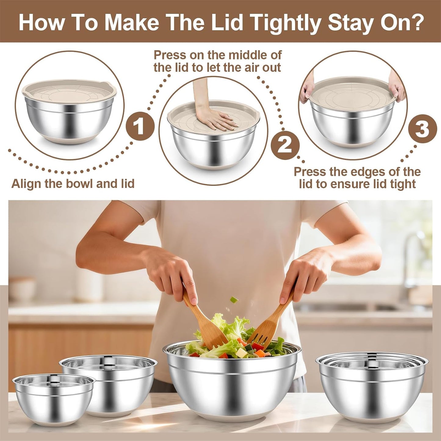 TeamFar Mixing Bowls, Stainless Steel Mixing Bowls with Lids, Nesting Salad Bowls with Air-tight Lids & Non-slip Bottom, Dishwasher Safe & Stackable, Set of 6-4.6/2.6/2 / 1.5/1 / 0.7 Qt