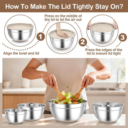 TeamFar Mixing Bowls, Stainless Steel Mixing Bowls with Lids, Nesting Salad Bowls with Air-tight Lids & Non-slip Bottom, Dishwasher Safe & Stackable, Set of 6-4.6/2.6/2 / 1.5/1 / 0.7 Qt