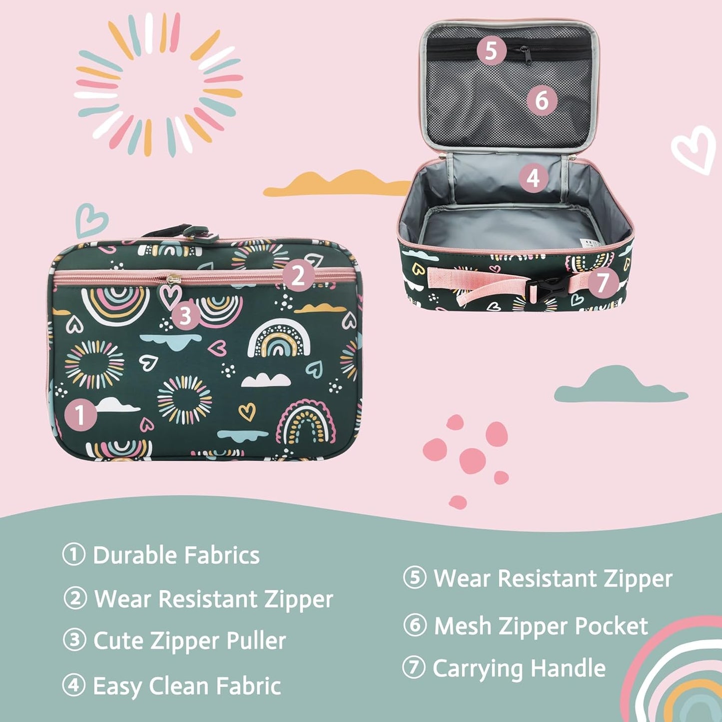 Insulated Kids Dual Compartment Lunch Bags Tote for Girls Boys Toddler School Picnic Food Cooler Thermal with Strap Lunch Boxes Blue Unicorn