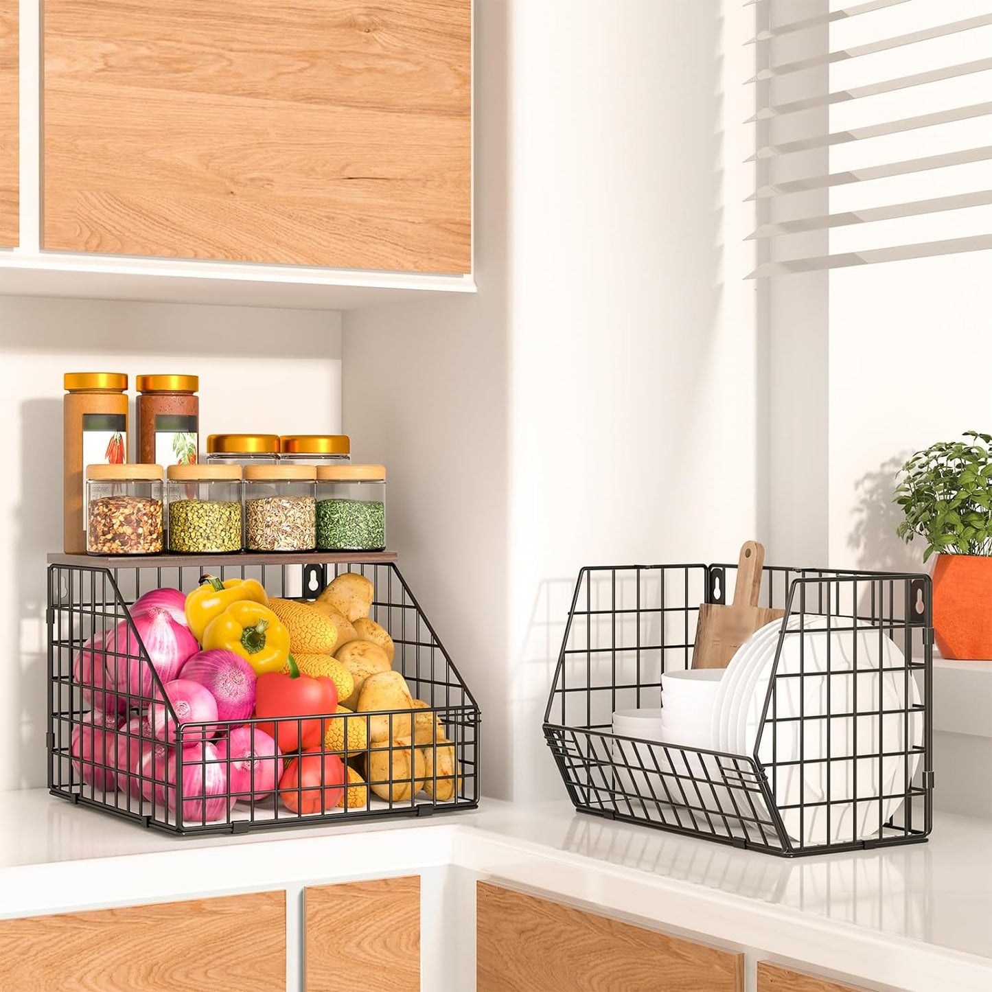 White Fruit Bowl Wire Basket Storage Pantry Fruit and Vegetable Storage Fruit Basket for Kitchen Counter Stackable Wall Mounted Hanging Basket Wire Basket with Wood Lid with Hanger Hooks