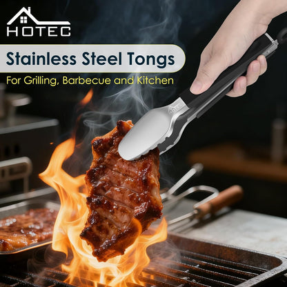 Hotec Stainless Steel Kitchen Tongs, Set of 3-7", 9" and 12", Locking Metal Food Tongs for Cooking, Serving, BBQ, Grill with Non-Slip Grip