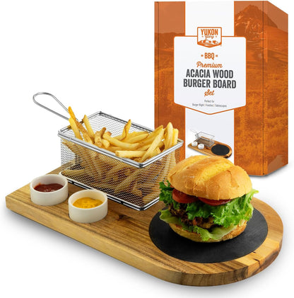 Yukon Glory™ Burger Serving Set, Perfect For Foodies, Burger Lovers and Tablescapes, Includes Premium Acacia Wood Board With Slate, Stainless Steel Fry Basket and Porcelain Condiment Cups,