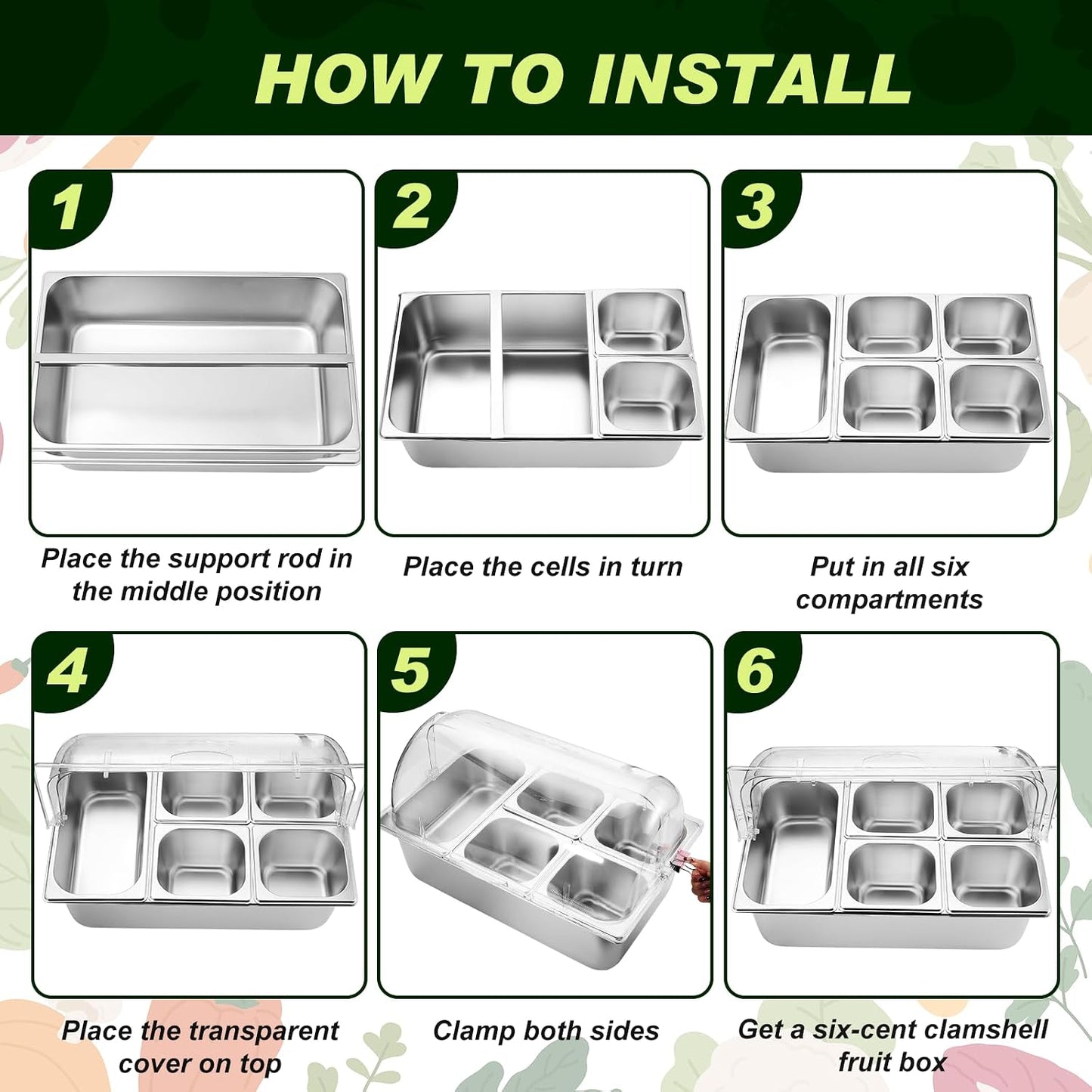 Condiment Tray Stainless Steel Serving Display Set with Lid for Buffet Restaurant Kitchen, Food Chilled Container for Salad Fruit Condiments, Keeps Food Fresh with Ice Box(6 Compartments)