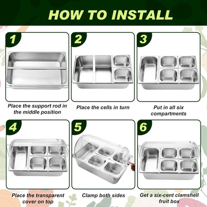 Condiment Tray Stainless Steel Serving Display Set with Lid for Buffet Restaurant Kitchen, Food Chilled Container for Salad Fruit Condiments, Keeps Food Fresh with Ice Box(6 Compartments)