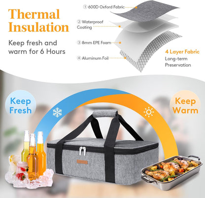 LUNCIA Insulated Single Decker Casserole Carrier, Lasagna Lugger Tote Keeps Food Hot or Cold, Thermal Lunch Bag for Potluck Parties, Picnic and Cookouts, Fits 9" x 13" Baking Dish, Black