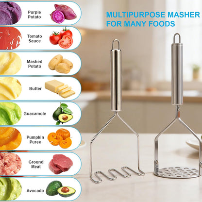 2Pcs Potato Masher & Meat Masher Set, Stainless Steel Smasher