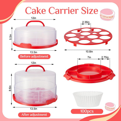 Teenyyou 12 Inch Large Cake Carrier with Lid and Handle for 12" Round 7" High Cake Adjustable Plastic Pies Carrier Portable Cupcakes Transport Container for Cookies Pizza and More(Pink)