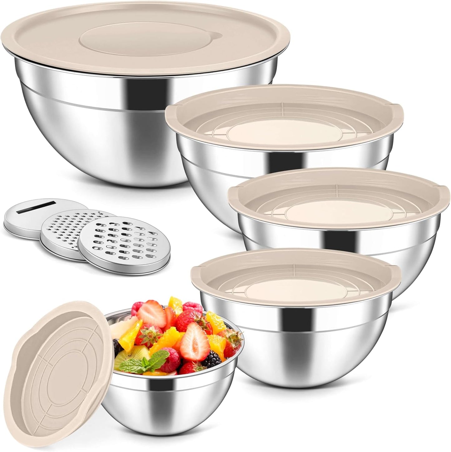 Herogo 5-Piece Mixing Bowls with Airtight Lids, 3 Grater Attachments, Stainless Steel Salad Serving Bowls for Kitchen, Size 4.6, 3.5, 2.5, 2, 1.5QT Ideal for Prepping & Cooking, Black
