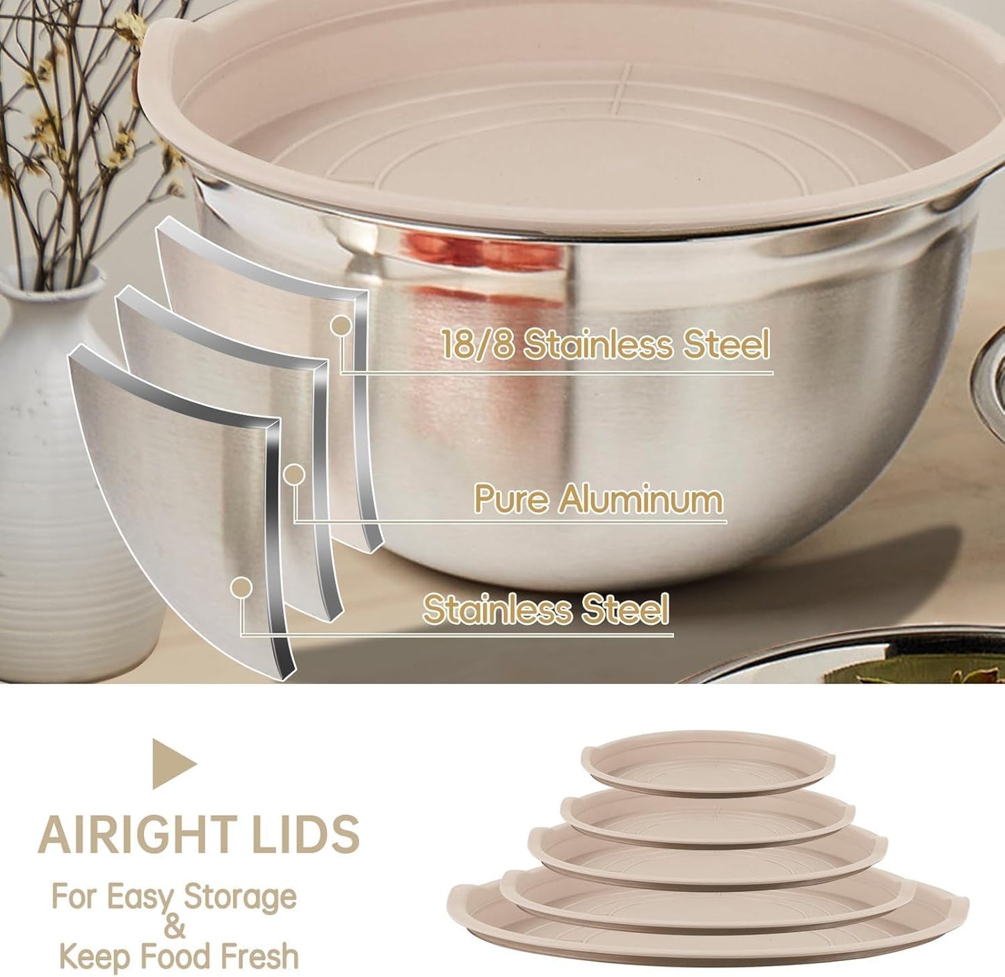 WEPSEN Mixing Bowls Set, 25PCS Stainless Steel Mixing Bowl with Lid Set, Large Nesting Bowls 7, 4.5, 3,2, 1.5QT, Measuring Cups and Spoons Baking Utensils Metal Bowl for Kitchen Prep
